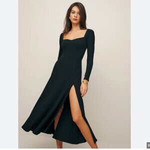 Reformation Banks Long Sleeve Ribbed Stretch-Modal Midi Dress Black Women's L